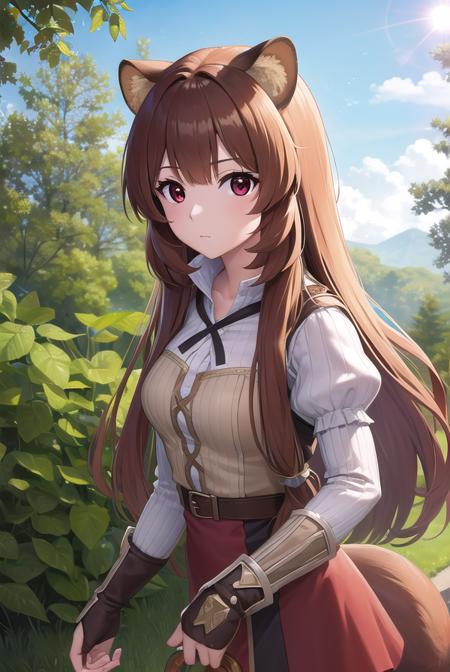 raphtalia, animal ears, brown hair, long hair, raccoon ears, raccoon girl, raccoon tail, (red eyes:1.5), tail, arm garter, belt, brown belt, brown dress, dress, juliet sleeves, long sleeves, puffy sleeves, short dress,