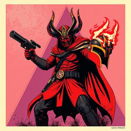 "A vintage Star Wars poster-style Horus the Black Flame Deity, anthro figure in dynamic action pose: blaster in right hand, red-black-gold helmet in left. Bold retro comic outlines, halftone textures, splatter effects, and stark Triamid Fortress geometric background. Color scheme: fiery red, matte black, gold accents, violet undertones. Stylized with Ralph McQuarrie-inspired concept art, retro-futuristic detailing, and dramatic shadows. Hyper-realistic textures, cinematic Unreal Engine 5 lighting, Octane Render gloss. Matte painting composition, trending on ArtStation, 8k HDR, golden ratio framing, isometric angle. Exaggerated proportions, vivid emotions, powerful stance. Retro-futuristic blend of 1970s sci-fi aesthetics and modern hyper-detailed CGI."
