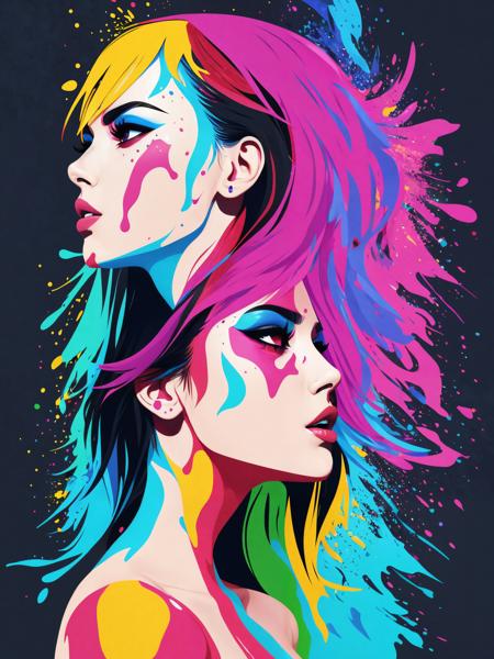 2d minimalist vector illustration full body side profile, female, detailed, skin pores, colorful paint explosions and splatter, (vibrant, photo realistic, realistic, dramatic, dark, sharp focus, 8k)