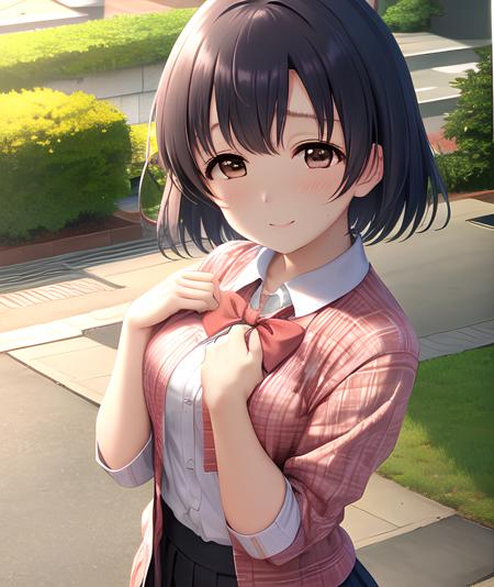 4k,ultra-detailed eyes, ultra-detailed, extremely detailed CG, masterpiece, best quality,extremely detailed CG, (post processing:1.4), (extremety fine and beautiful:1.4),shiragiku hotaru,  background, standing, tree, looking at viewer, anime girl, cute girl, (full body), 1girl, bangs, black hair, blush, brown eyes, looking at viewer, ribbon, short hair, solo, smile, cherry blossoms, spring, sakura, outdoors, serafuku, skirt, pleated skirt, breasts, medium breasts, wind, sakura petals,
detailed(hair, beautiful finely eyes, skin, cloth texture),CGI art, <lora:shiragiku hotaru2-000004:1>