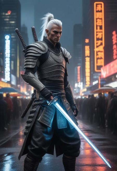 Muscular High Elf street samurai with silver hair in a mohawk, cybernetic arm unsheathing a glowing energy katana, standing on a rain-slicked neon-lit street, towering skyscrapers with animated billboards in the background, flying drones and bustling crowds of diverse species
FastNegativeV2