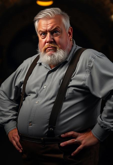 seen from the side front, professional model photograph with dramatic lighting, dark night, dark background, lowlight, in dark wine cellar,  stereotypical traditional bavarian german granddad, tall big man with large belly, deep blue-green eyes, bushy eyebrows, pale blonde hair, big bushy eyebrows, tanned sun-kissed skin, lederhosen, bavarian leather pants, leather suspenders, small golden earring, stern serious arrogant dominant personality, disgusted arrogant expression, hands on hips