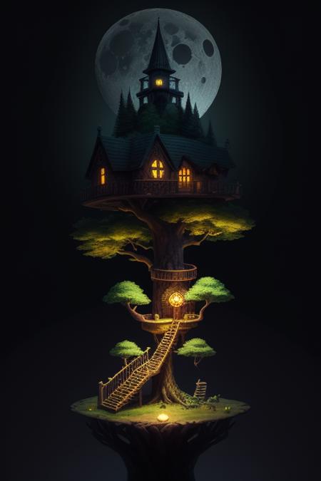 a close-up photo of the Isometric_Dreams, a tree house with a tower and a staircase inside of it, surrounded by trees and a moon in the sky