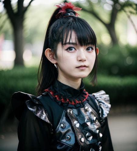 realistic, photorealistic, detailed, beautiful, RAW photo, film grain, (natural lighting :1.2), asian, woman, raw photo, photo background, black hair,  dark, metal, suzuka nakamoto,S0zuka23, punk style, black and red outfit, 20 years old, detailed black eyes,  <lora:S0zuka23:0.95>, bokeh, park