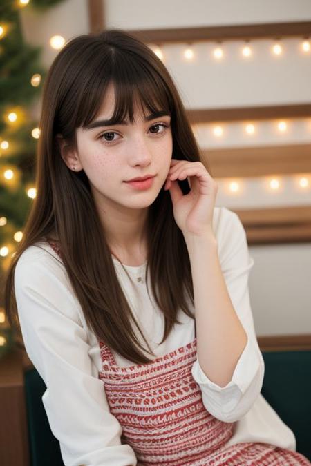 analog portrait photograph of a cute college girl with dark brunette hair sitting in a brightly lit cafe in the early morning, pale skin, bangs, freckles, blush, detailed skin, pouting, innocent, petite, natural lighting, warm tones, string lights, film grain, retro, bokeh, Porta 160 color, shot on ARRI ALEXA 65, sharp focus on subject, Fujifilm XT-3, 85mm, <lora:picxer_real:0.8>