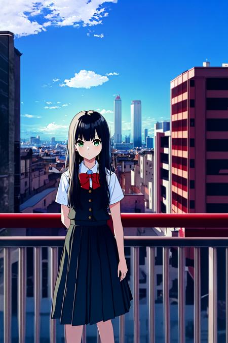 masterpiece,1girl, solo, long hair, skirt, cloud, black hair, sky, shirt, outdoors, white shirt, bow, looking at viewer, building, red bow, bowtie, city,  school uniform, railing, pleated skirt, day, short sleeves, collared shirt, cityscape, straw, bangs, blue sky, green eyes, black skirt, red bowtie