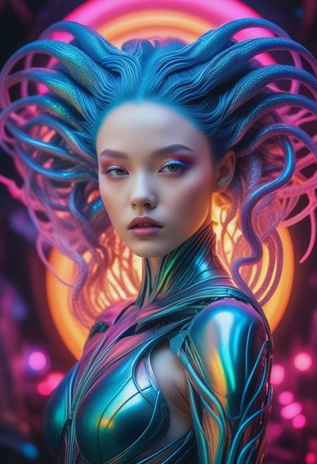 photo of TWbabeXL01, masterpiece,alien-themed Bear Witness to the Might of the Cosmic Cyber Warrior: An Incredible Mix of Technology and Allure Set Among Spectacular Interstellar Battlescapes. Infused with the unique flair of Jovana Rikalo, Brandon Woelfel, and Ross Tran, this indomitable cyborg reigns supreme over otherworldly turmoil. Delicate cables snake harmoniously beneath luminous epidermis, while her mighty vertebrae prop up an elegantly fashioned human cranium graced by cascading neon undercut tresses. Radiating self-assurance, her resplendent visage elicits awe as she advances fearlessly, solidifying legends of triumph and eternal reverencE. extraterrestrial, cosmic, otherworldly, mysterious, sci-fi, highly detailed