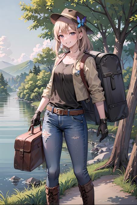 [((masterpiece, best quality:1.4)), (((extremely detailed))), sharp image:1.4, (high quality, highres:1.4)], 1girl, jacket, jeans, boots, gloves, hat, grin, dynamic pose, hair ornament, solo, waterfall:1.4, river:1.4, water, plant, flower, road:1.1, looking at viewer, butterfly, tree, forest, travel:1.4, traveler, ornament, backpack, backpacker