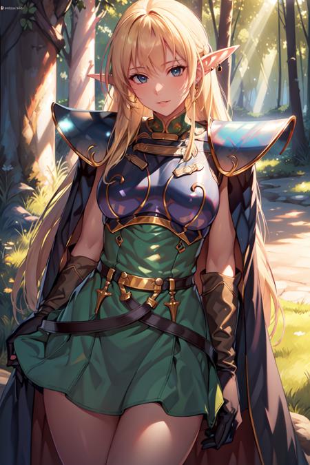 (extremely detailed fine touch:1.2), (natural light, sun light, light rays, dappled light, ray tracing:1.2), mature female , masterpiece, best quality, highly quality , 
ANI_CLASSIC_deedlit_ownwaifu, www.ownwaifu.com,
pointy ears, blonde hair, long hair, elf, circlet, green eyes, long pointy ears, very long hair, breasts, medium breasts, earrings, lips, makeup, bangs,
cape, armor, blue cape, shoulder armor, pauldrons, gloves, breastplate, belt, green dress, short dress,
<lora:ANI_CLASSIC_deedlit_ownwaifu-15:0.8>,
 looking at viewer, blush, open mouth, standing,