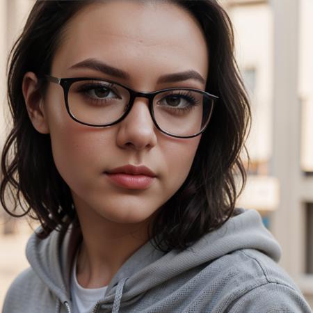 close-up portrait of c0rdelia_n0texist, short black hair, glasses, dressed in a sweatshirt, analog style, modelshoot style, sharp focus, natural lighting, subsurface scattering, f2, 35mm, film grain