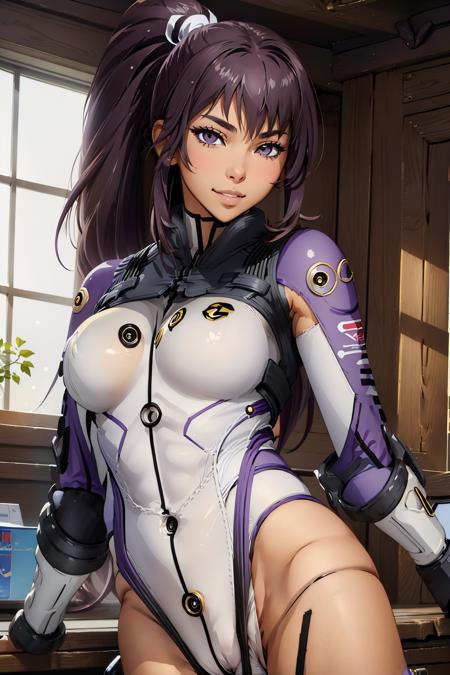 srw_ayame leotard, high ponytail, purple long sleeves, pilot suit, suspenders