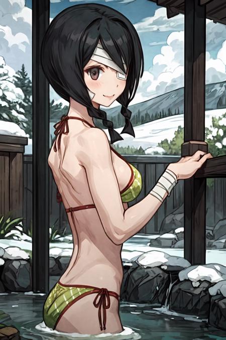 (masterpiece),(best quality), <lora:KobushiAbiru:0.75>, Abiru, bandage, bandage over one eye, twin braid, bikini , onsen, hot water, immersed,  forest,  smile, snow, cloud, light sun, sunlight,  <lora:Adddetail:0.7>, RAW photo, blush