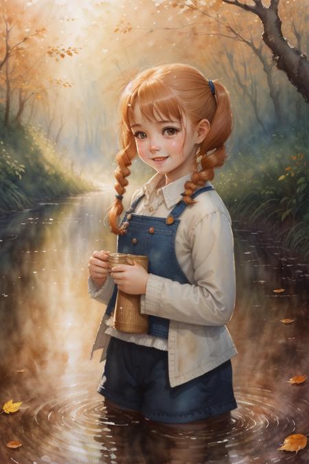 A happy young female child with ginger hair in pigtails, [watercolor, illustration], magic realism, style of Alex Andreev, moderate detail, [playing in a creek], [autumnal palette], [natural lighting]