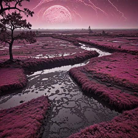 anime key visual, fairy tale, landscape of a dark pink (Netherlands:1.3) from inside of a Tanzania, it is very Ornate and Rusty, Wet vegetation and Planet Jupiter in background, Summer, ultrafine detailed, Relaxed, Arte Povera, specular lighting, F/14, Grayscale, stylized, geometric patterns, Best quality, arthouse, (art by Atey Ghailan:0.8) , (Range Murata:1.1)