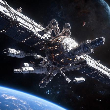 Design a breathtaking scene set in the vastness of space, where a futuristic spaceship is gracefully docking with a massive space station. Imagine this spacecraft as a marvel of human engineering, with sleek lines, glowing accents, and an array of advanced technologies on display. The space station, a towering structure with intricate details and multiple docking ports, serves as a bustling hub of interstellar activity.
As the spaceship aligns perfectly with the docking bay, highlight the intricate dance of mechanical arms and magnetic locks securing the two structures together. Add a dramatic touch with a vibrant nebula glowing in the background, its vivid colors contrasting the dark void of space. Enhance the sense of depth and movement with stars streaking across the scene, creating a captivating starfield.
Include subtle lighting effects to showcase the reflective surfaces of the spaceship and space station, emphasizing their metallic sheen. Perhaps add a few smaller vessels or spacewalkers nearby, providing a sense of scale and additional visual interest. The overall composition should evoke a sense of wonder, showcasing the beauty and excitement of space exploration and the potential of human ingenuity in the future.