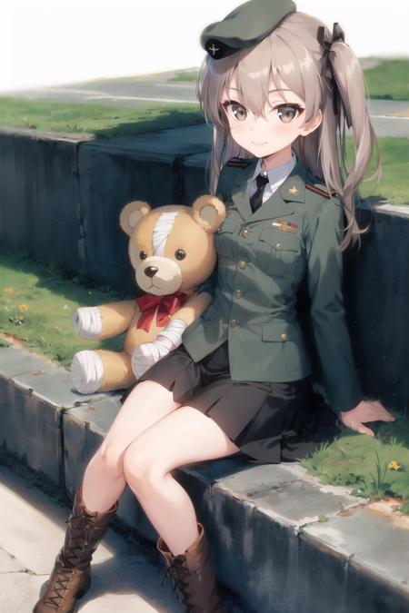 <lora:shimada_arisu:0.5>, shimada arisu, 1girl, solo, hat, uniform, brown eyes, long hair, military, boots, military uniform, smile, bandages, skirt, beret, brown hair, sitting, cross-laced footwear, one side up, emblem, looking at viewer,  stuffed toy, stuffed animal, teddy bear,