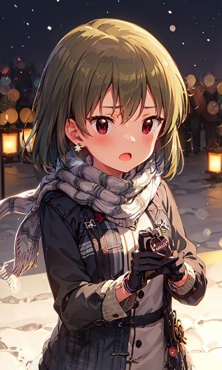 subaru nagayoshi (million live), (best quality, 8K, masterpiece, ultra detailed:1.2), cinematic angle, winter, snow, snowflakes, street, neon lights, blurry background, blurry foreground, sparkle, light particles, starry sky, constellation, beautiful clouds,
1girl, solo, sweet, cute, blush, shy, innocent, winter coat, striped scarf, ribbed sweater, black thighhighs, wooden gloves, earrings, necklace, hair ornament, valentine, holding chocolate, (from above:1.1), upper body, (looking at viewer), :o