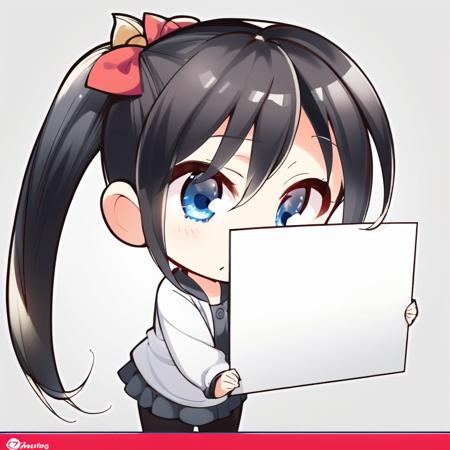 (masterpieces, best quality, illustration, extremely detailed CG wallpaper, ultra-detailed) , (beautiful detailed eyes), solo focus, happy, chibi <lora:komowata_haruka_counterfeitxlb_1-05:0.8>
BREAK 1girl with black hair ponytail holding up a blank white sign