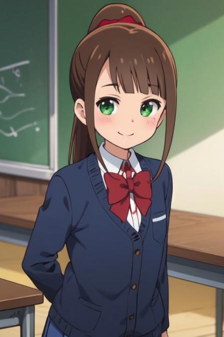 hitoribocchi no marumaru seikatsu anime lineart, aru honshou, brown hair, ponytail, hair ornament, green eyes, school uniform, white shirt, blue jacket, red bowtie, long sleeves, pleated thighhigh light blue skirt, thighhigh skirt, thighhigh black socks, happy face, looking at viewer, standing inside classroom