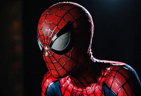 cinematic photo (spiderman), . 35mm photograph, film, bokeh, professional, 4k, highly detailed, realistic, detailed, photo realistic, sharp focus, 8k, Close-up, grim smile, relaxed pose, portrait movie shot, serious, menacing, chiaroscuro style photo, dark background, minimalism, dramatic lighting, professional quality, dull highlights and shadows, natural and  original,