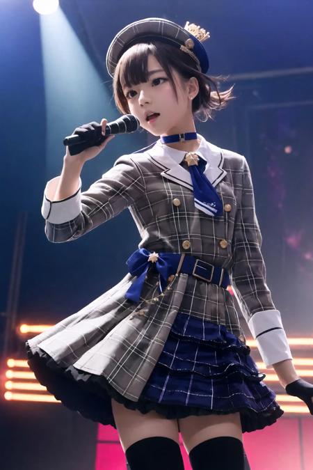 masterpiece, best quality, detailed face,ultra hi res,(a photography of a beautiful girl),photoreaslistic,
(1girl:1.2),
kawaii,
<lora:suisei_cos_V3:0.8>,
stageidol,suisei cos , gloves, plaid,  black gloves, choker, star (symbol),partially fingerless gloves, belt, plaid dress,plaid skirt, skirt, bracelet, shirt, buttons, blue belt,ascot,double-breasted,   blue ascot, plaid jacket, jacket, collared shirt, dress,grey jacket, black choker, long sleeves,blue ribbon, blue choker, grey skirt,jewelry,bracelet ,thigh strap, single thighhigh, socks,
beret, hat,plaid headwear, grey headwear,crown,
BREAK
(small breasts:1.2)  (flat_chest:1.2),
(slender),
singing,
(stage,Spotlight:1.2),
holding  microphone,
(crowd:1.2),
dynamic pose,(cowboy shot:1.2),