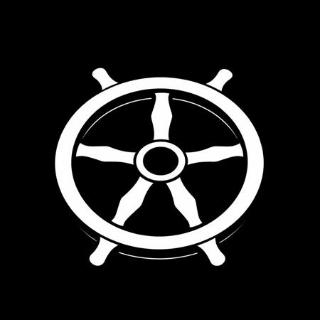 (stylized logo, emblem, vector art), (cartwheel), (solid colors, thick-linework), white outline, black background, 
cartwheel symbol white in the center, heraldic, black background, HDR, UHD,