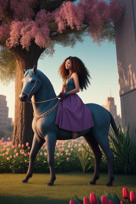 A captivating, conceptual artwork featuring a girl with curly hair sitting gracefully on a majestic creature's back. The creature appears to be a blend of animal and mythical elements. The girl's dress is meticulously crafted from delicate tulip petals, resulting in a symphony of vibrant colors that blend harmoniously with the surroundings. The lush tulip garden serves as the backdrop, exuding elegance and serenity. The soft lighting casts a romantic ambiance, while the graffiti adds an unexpected urban touch, creating a charming and enchanting scene., painting, conceptual art, wildlife photography, cinematic, fashion, graffiti, illustration, 3d render