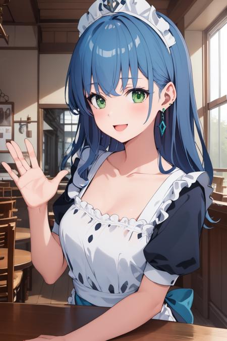 masterpiece,best_quality,isabellaNorn,1girl, solo, solo,blue_hair,green_eyes,upper_body,blush,smile,((happy)),:D, <lora:isabellaNornV1:.8:OUTD>,sitting,long_hair,maid,maid headdress,maid apron, cafe,waving,(collarbone),  <lora:GoodHands-vanilla:1:OUTD>,earring,jewelry,