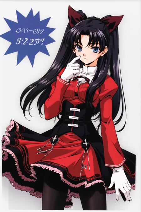 1girl, solo, tohsaka rin, red shirt, cross, long hair, skirt, shirt, white background, gloves, black skirt, necklace, jewelry, simple background, looking at viewer, bow, black hair, bangs, long sleeves, two side up, corset, black gloves, blue eyes, hair bow, ribbon, pantyhose, cross necklace, black pantyhose, latin cross, closed mouth, parted bangs, bowtie, black bow, hair ribbon, red bow,<lora:Azuma Mayumi:0.8>