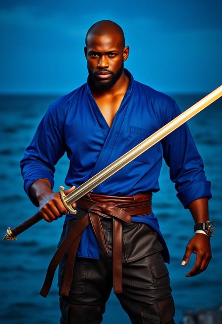 Handsome bald black man with royal blue gi shirt, glowing silver rapier, leather belts, leather patchwork pants, seascape background