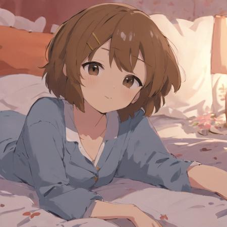 A masterpiece anime professional digital art of a girl named Hirasawa Yui happily looking sleepy on her japanese bed <lora:hirasawa_yui_xl-000024:1>