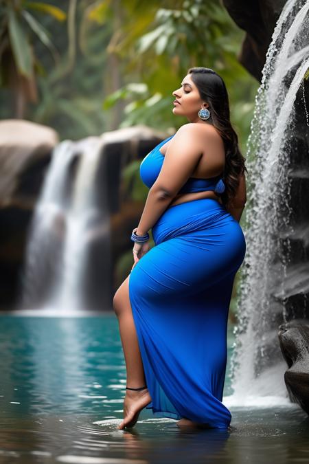 hires,  vibrant colors,  beautiful indian young bbw,  Well-Proportioned huge  boobs,  blue earrings,  side view,  big hips,  small bikini,  wearing long midi indian-style dress touching ground,  solid black color,  impeccable posture,  profile view,  soft diffused lighting,  waterfall background