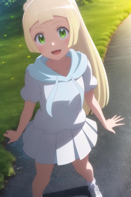 (masterpiece), high quality, detailed background, 1girl, solo,
<lora:PokemonLillie-v1-03:0.7>, ChopioLillie, blonde hair, long hair, blunt bangs, green eyes, (looking at viewer:1.3),
high ponytail, braid,
outfit_1, white shirt, hood, hood down, puffy short sleeves, white skirt, pleated skirt, white socks, white shoes,
outdoors, standing, grass, hills, river, forest, smile, happy, open mouth,