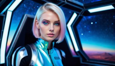 spaceship cockpit,beautiful young skinny caucasian woman sitting in spaceship cockpit looking over shoulder at viewer,glowing holographic instruments,(beautiful face:1.11),(smart fabric jumpsuit:1.3),lightweight structured jacket with sharp geometric lines,utility belt,knee-high boots,fingerless gloves,(large spaceship cockpit with highly polished flooring and stellar view),backlit hair,perfect face,(pale freckles:0.6),(black and silver accents),perfect eyes,(studio lighting:0.3),low key,thin pouting lips,(white bob hair, ombre++ hair:1.2),wide set soft+ turquoise++ eyes,skin pores,(small retrousse nose:1.2),(pale skin),ultra detailed,(Intricate Environment)++,best quality,masterpiece,dramatic angle,highest detailed face,eyelid shimmer makeup,silver eyeshadow,iridescent cheekbones,muted rose lips,deep space blue BREAK starlight silver,nebula pink,and black hole black,planetary rings,asteroid clusters,geometric shapes,angular contours,Holographic control panels,chiaroscuro effects,reflective surfaces,star-filled skies,distant galaxies,Chrome finishes,brushed steel,shimmering surfaces,iridescent materials,Minimalist design,clean lines,modernistic details,8k,best quality,masterpiece,(medium covered breasts:1.3),