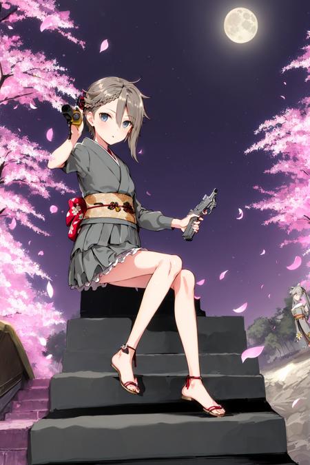 ((masterpiece,best quality)), (1girl, solo), brown hair, grey hair, blue eyes, grey eyes, bare legs, cherry blossoms, (night), moon, (dark), shadows, flower, hair ribbon, japanese clothes, kimono, long hair, looking at viewer, obi, outdoors, sandals, stairs, sitting, statue, torii, tree, thighs, microskirt, barefoot sandals, no panties, facing viewer,  <lora:Ange V1.1:1>, holding gun, gun, pistol,