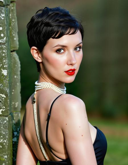 RAW full body analogue photo of a beautiful 25 years old woman, clear focus, high resolution image, Rebecca Raven beautiful woman with dark hair and (pale skin), <lora:Rebecca_Raven_SDXL_V3:0.6>,,  ,wearing Jazz: Classic black halter neck gown, silver heels, pearl necklace, bold red lipstick, subtle smoky eyes, and a glamorous updo with soft curls., ((cute-pixie-cut:1.5)),,low light, soft natural light, Rembrandt style light, Hasselblad DLSR camera, 200mm Zeiss lens, f/2.8, ,Sexy pose, erotic pose, exhibitionism, ,The Stonehenge in England with its mysterious stone circle and ancient history