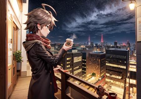 masterpiece, best quality, 1boy, short hair, brown hair, ahoge, night, city, red scarf, beige jacket, long coat, coffee, <lora:MakonaeA-06:0.5>