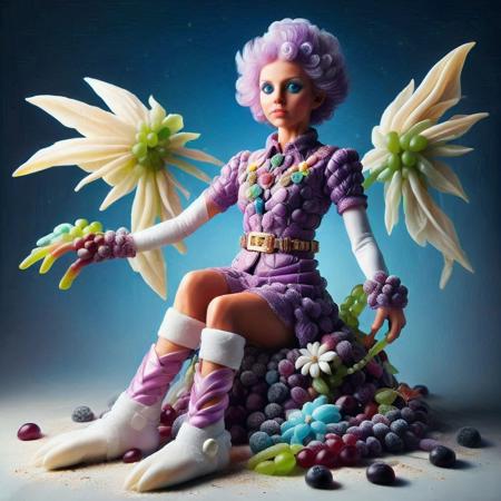 candy, score_10 , score_9_up, score_8_up, score_7_up , score_6_up, vibrant colors, shiny_skin , prefect lighting, detailed image, snoozing , masterpiece , best quality , highly detailed , ultra quality , holographic, robot girl, a female character with a futuristic, fantasy-inspired design. The character has fair skin and short, purple hair adorned with a white flower. She has large, expressive blue eyes and a delicate, feminine face. She is dressed in a vibrant, white and purple grape outfit that includes a short, frilly dress with a white collar and a purple grape. The dress has a high slit, revealing her black thigh-high stockings and a glimpse of her upper thighs. Her attire is complemented by long, white gloves and matching white boots with blue accents. She wears a white belt with a purple gem at the center, adding to the futuristic aesthetic. The character is equipped with large, metallic purple grape wings that have a glowing blue hue, giving her a celestial appearance. Her arms are outstretched, and she appears to be in mid-flight or leaping, suggesting motion and energy. The background is a purple grape landscape.