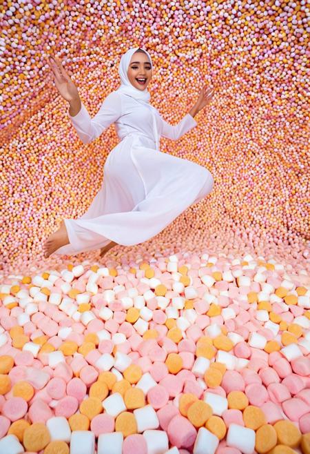 (((reality-shot, realism, realistic photography of a hijabi woman playfully diving into a massive ballpit of marshmallows, her flowing hijab billowing behind her as she leaps mid-air, marshmallows scattering in all directions like fluffy snowflakes, dynamic art style, peach-gold theme, intricate details, ultra sharp, exquisite detail, flawless composition, vivid colors, masterpiece, joyful energy lora:world_marshmallows:1 )))