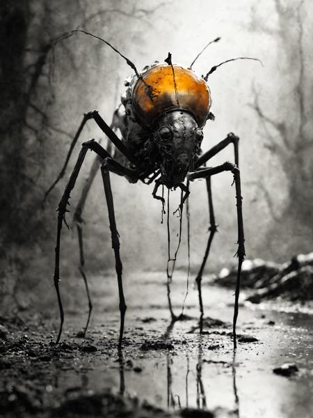an ancient alien insect made of copper and amber rising from the mud, Style of stephen gammell, watercolors, black and white, swamp, shadowy creatures, dripping, infected<lora:epi_noiseoffset2:1><lora:epi_noiseoffset2:1><lora:epi_noiseoffset2:1><lora:epi_noiseoffset2:1>