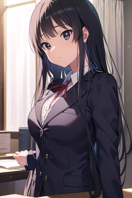 mioakiyama, <lyco:mioakiyama-LYCORIStest:1>,
mio akiyama, (black eyes:1.5), black hair, long hair,
BREAK sakuragaoka high school uniform, school uniform, uniform,
BREAK looking at viewer,
BREAK indoors, classroom,
BREAK <lora:GoodHands-vanilla:1>, (masterpiece:1.2), best quality, high resolution, unity 8k wallpaper, (illustration:0.8), (beautiful detailed eyes:1.6), extremely detailed face, perfect lighting, extremely detailed CG, (perfect hands, perfect anatomy),