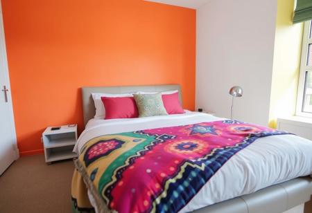 A stylish bed with sleek, contemporary design, adorned with colorful throw pillows and a vibrant patterned blanket in a modern bedroom with brightly painted walls. The fills the frame of the image. Next to the bed is a modern nightstand with a minimalist lamp. The space is flooded with natural light.