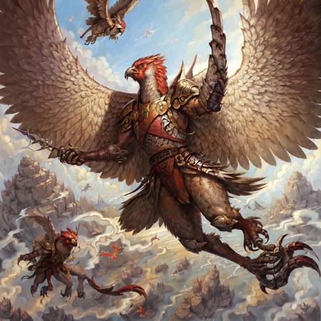 masterpiece, best quality,((solo)),  painting of Aven  a Racing Red bird man with claws wearing armor, medieval setting, flying over temperate steppe, <lora:Aven:0.9>