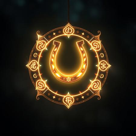 A radiant, glowing horseshoe, suspended mid-air, surrounded by a luminous, protective shield that shimmers with an ethereal aura, set against a dark, misty twilight atmosphere with a hint of mystical fog, adorned with intricate, swirling symbols that appear to ward off bad luck, each symbol unique and mysterious, with subtle, pulsing highlights that evoke a sense of ancient magic, the horseshoe's glow illuminating the surrounding air, casting an soft, warm light on the dark, misty background, with delicate, whispery tendrils of mist curling around the shield's edges, evoking a sense of mystique and enchantment.