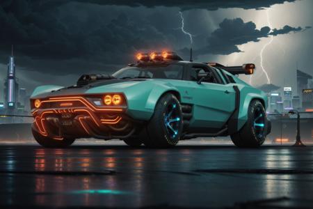 a 3/4 front view of ((futuristic cyberpunk hotrod zeekars)) (with glowing tires), neon glow , cyberpunk muscle car, <lora:zeekars:0.5>, lighting storm in the background, Black and ((dark blue)), in cyberpunk city, ((badass))