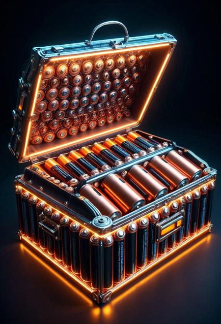 (masterpiece), (best quality), ultra-detailed, surreal car audio system made entirely of stacked batteries and electronic components, AA and AAA batteries forming subwoofers and amplifiers, copper wires pulsing with energy, glowing capacitors shaped like speaker cones, trunk interior morphing into a mechanical hive, reflective metallic surfaces, braided cables intertwined like roots, neon-lit circuits embedded into panels, cinematic lighting, volumetric light beams, depth of field, bokeh background, biomechanical fusion of car trunk and battery-powered audio system, futuristic aesthetic, glowing textures, photorealistic render, 8k, HDR lighting