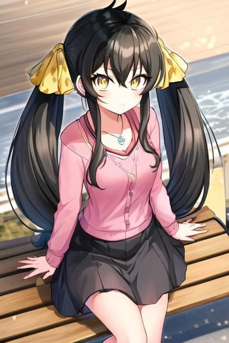 Matoba Risa, 1girl, black hair, twintails, yellow eyes, skirt, , charm, sitting, long hair, ribbon, necklace, hair ribbon, bench, looking at viewer <lora:varisa-r1:1>