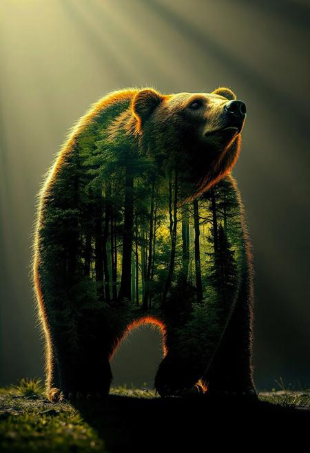 A double exposure image featuring a glowing silhouette of a standing growling bear with ethereal illumination. The scene blends a lush green forest within the bear, creating a stunning, otherworldly energy. Natural dramatic lighting, 3D render, conceptual art.