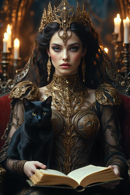 ArsMovieStill, Gothic Dark Fantasy movie still, intricate portrait, full length portrait. An image of a 20-year-old witch. The woman is extremely beautiful, gorgeous beyond description. She has black hair, gorgeous black eyes, upturned nose, pretty mouth, smooth pale white skin, almost milkish, her facial features reveal that she is of German descent, her hands are delicate and pefectly drawn without flaws of any kind, and in them she is holding a small open book. She is wearing a very elegant black victorian dress richly adorned with intricate golden patterns that seem to move, and next to her, on a table, is a small beautiful black cat. The location is an ancient and luxurious living room richly adorned everywhere, illuminated by the light of old and carefully and beautifully crafted torches. The season is a cold winter, the time is midnight. The overall mood of the image reflects a state of trance in contact with the spiritual world and the extreme power the witch draws from it. The image conveys to the viewers the pleasant experience that can be obtained by such trance, it will impact the viewers immediately, they will never forget this image, it will be forever engraved in their minds and memory. Dreamlike, otherworldly, full body shot.