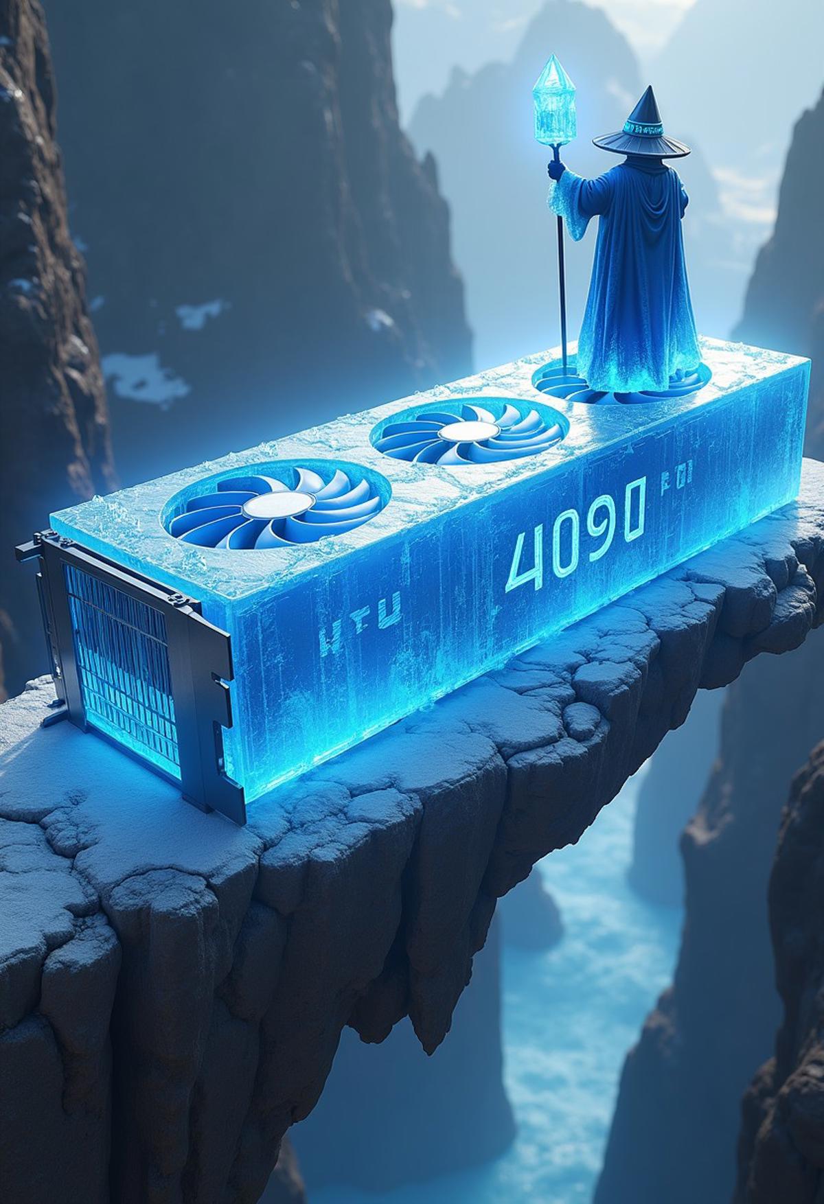 in the foreground an enormous video card engraved with the text "RTX 4090" crystallized frozen with ice magic, on a narrow rock bridge, a blue mage close to viewer blocking its path raising his crystal tip staff, his hat is labelled "FLUX", a speech bubble above the mage says "KEEP ON GENERATING!", 
masterpiece, 4k, highly detailed, graphic,